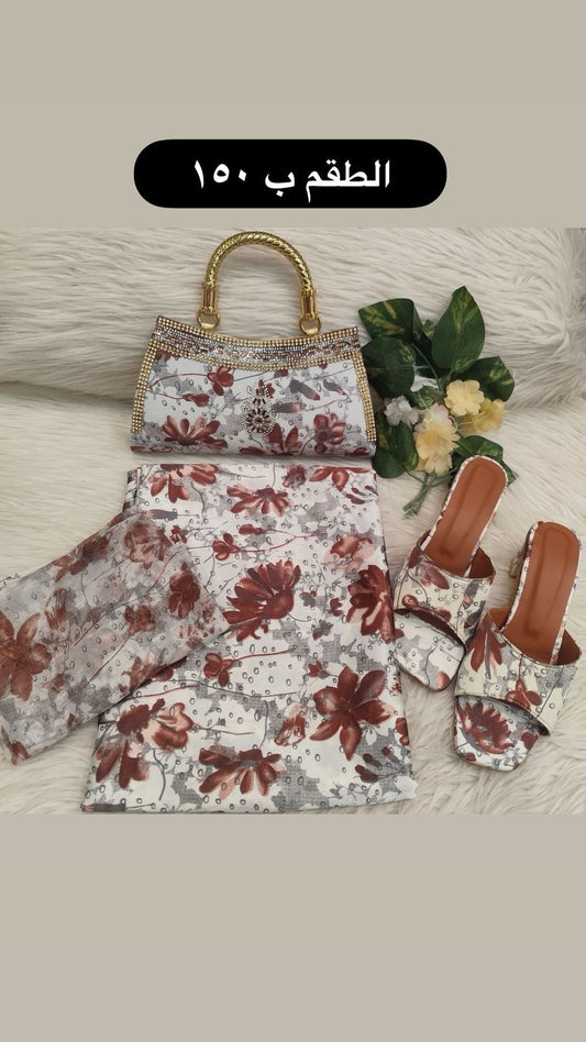 طقم قطعة حرير مع الشيلة و الشنطة والنعال