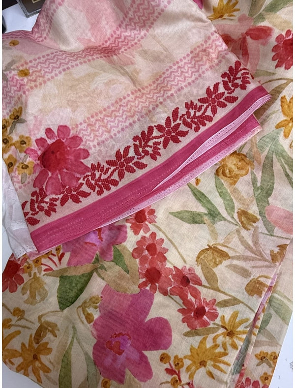 Cotton Jacquard Fabric – Peach Floral with Pink Border