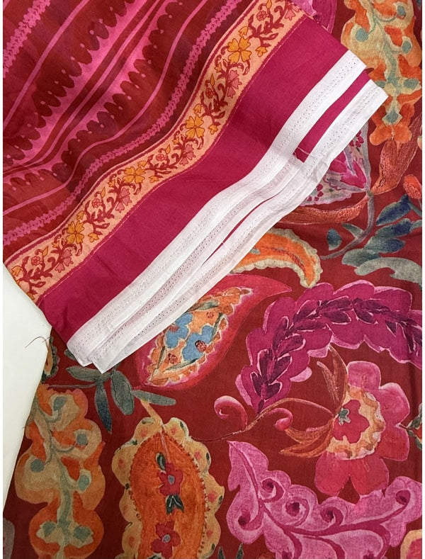 Cotton Jacquard Fabric – Red Paisley with Fuchsia Border