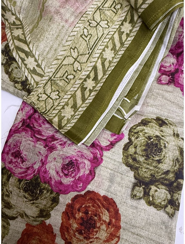 Cotton Jacquard Fabric – Cream Rose Floral with Olive Border