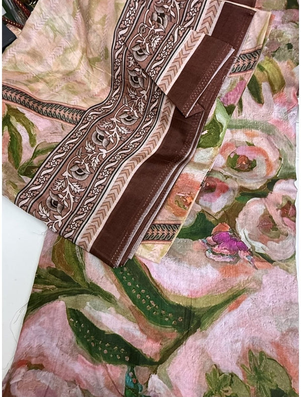 Cotton Jacquard Fabric – Blush Floral with Brown Border