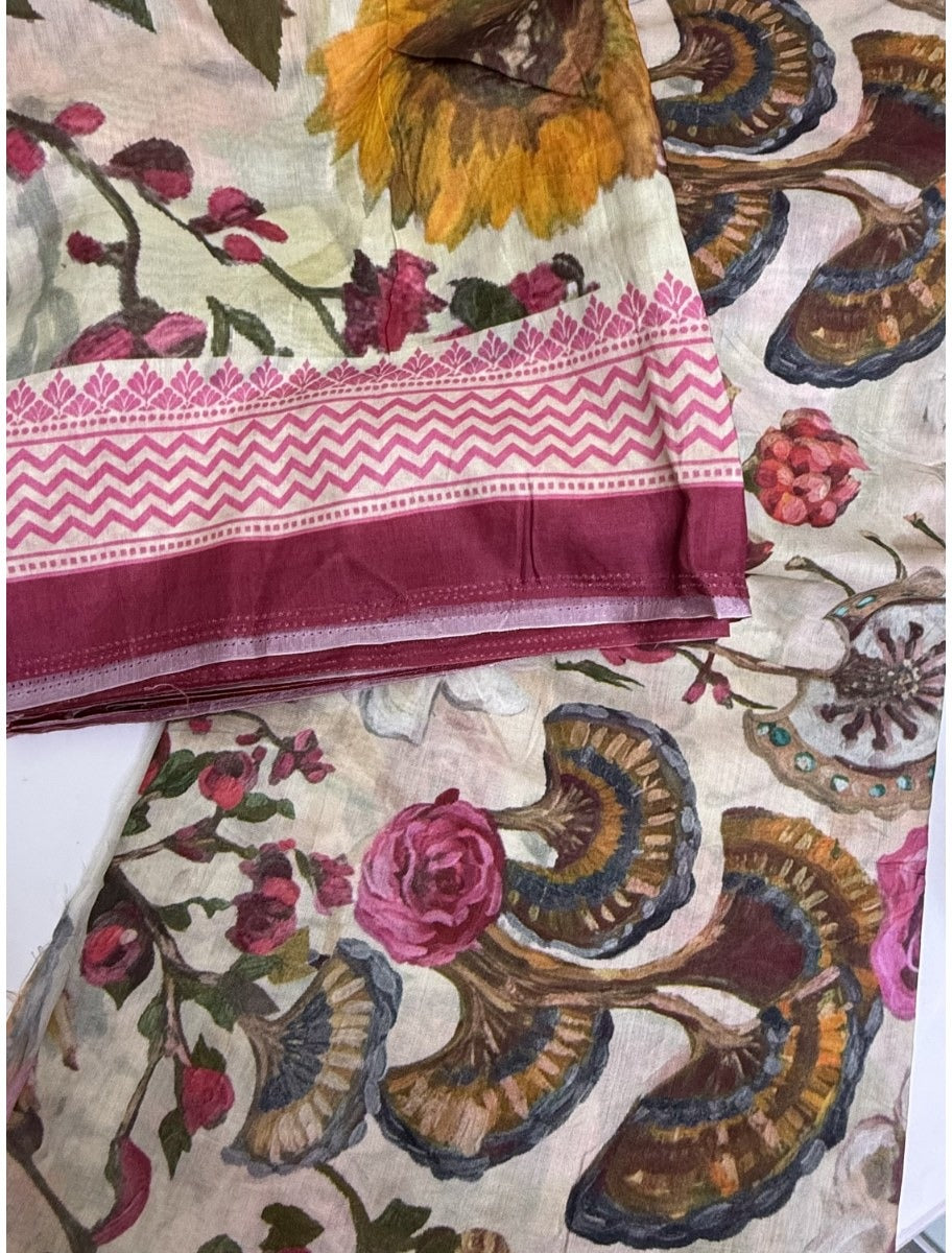 Cotton Jacquard Fabric – Cream Floral with Magenta Border