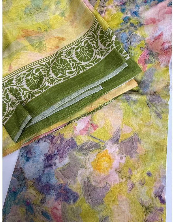 Cotton Jacquard Fabric – Pastel Yellow Floral with Olive Border