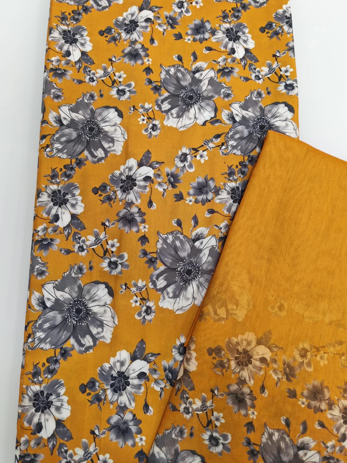 Mustard Grey Floral Cotton Fabric