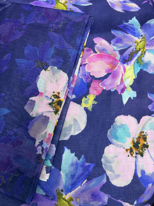 Cotton Jacquard Fabric – Navy Blue Watercolor Floral