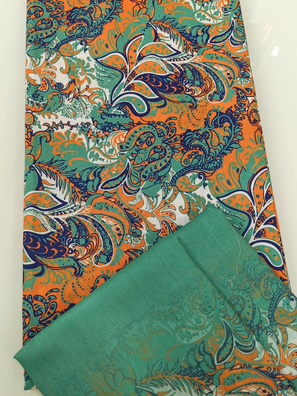 Orange Teal Paisley Cotton Fabric