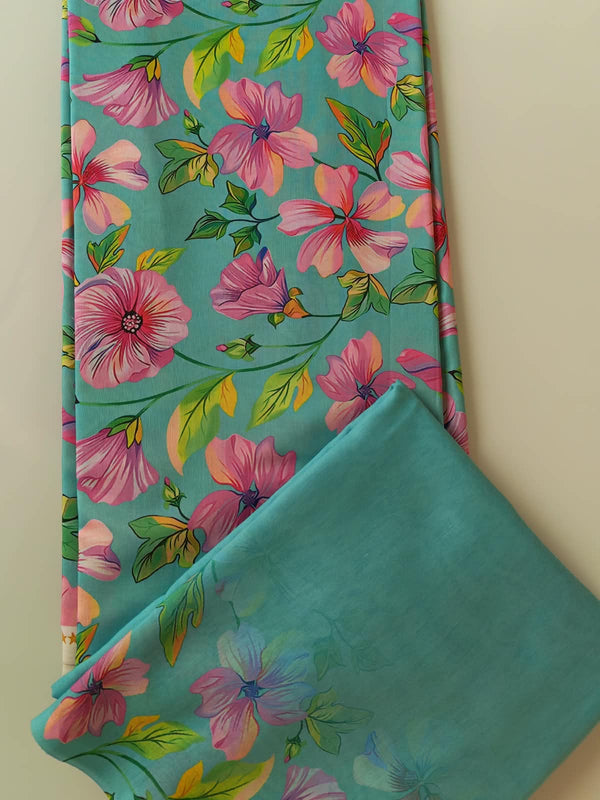 Teal Hibiscus Floral Cotton Fabric