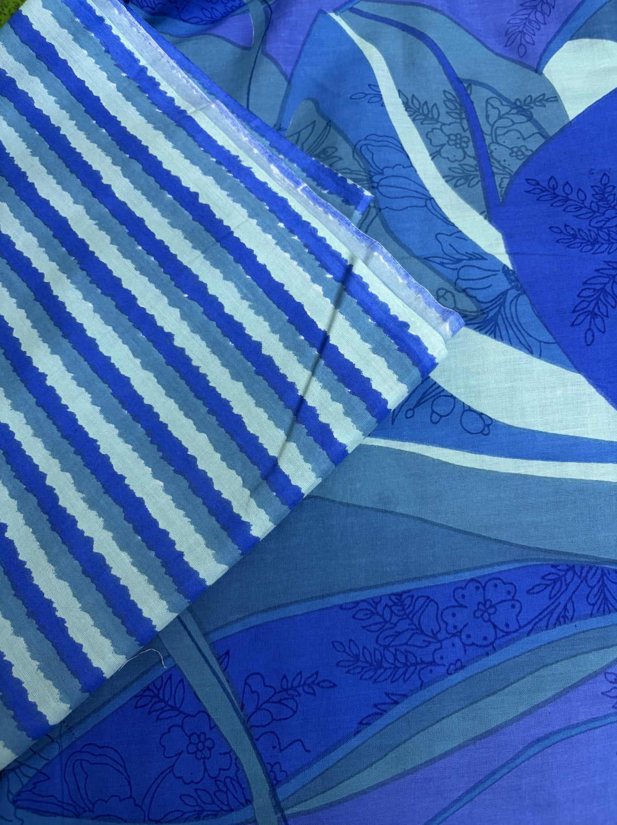 Cotton Jacquard Fabric – Blue Leaf Print with Striped Trim