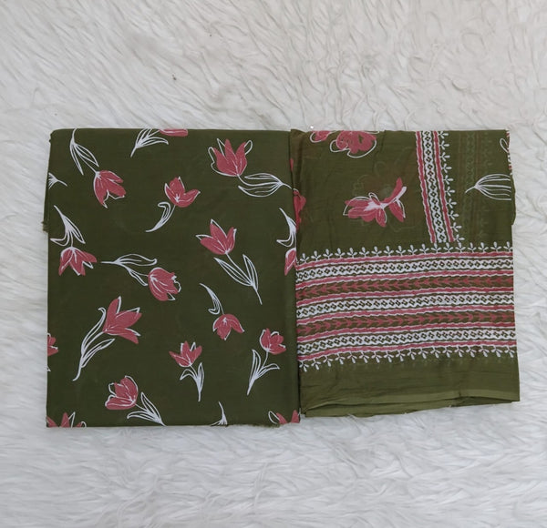 Cotton Jacquard Fabric – Olive Green Tulip Floral with Border