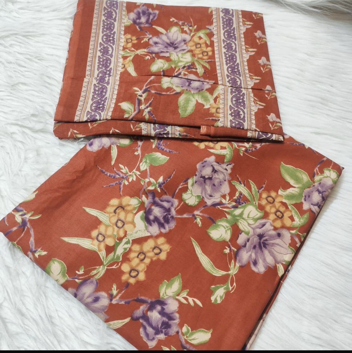 Cotton Jacquard Fabric – Rust Floral with Purple Border